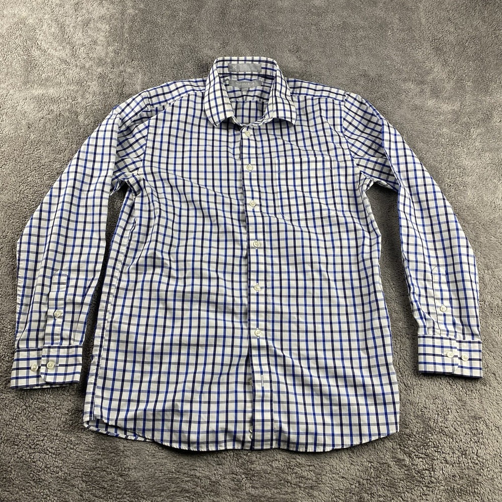 Nordstrom Dress Shirt Mens 18 White Navy Check Wrinkle‎ Free
